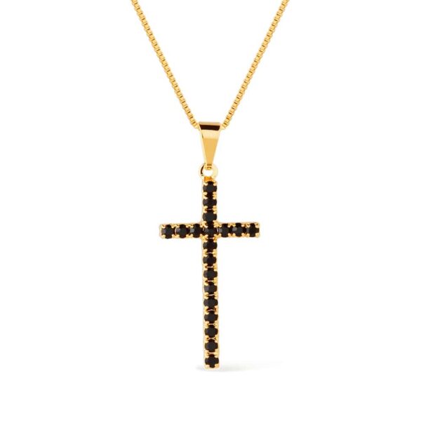 Colar Dourado de Cruz Cravejado de Pedra Natural Negra