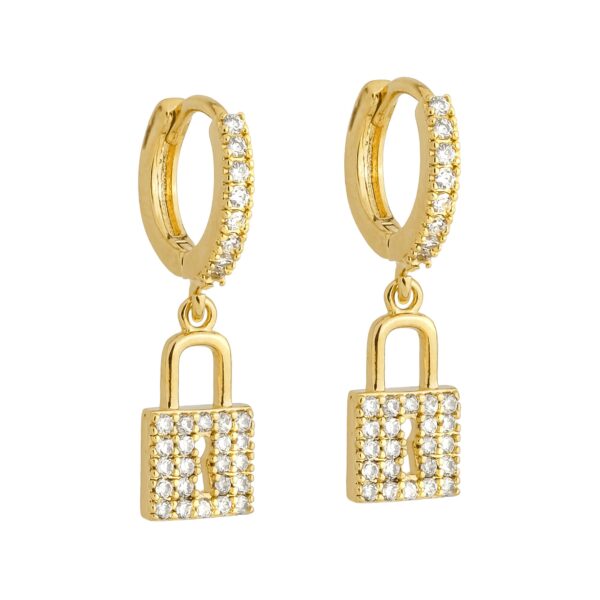 Brinco Dourado de Argolinha com Cadeado Cravejado de Zircônias