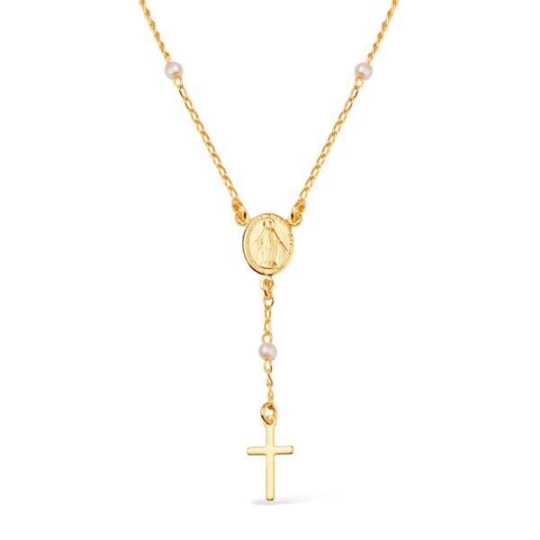 Colar Dourado Religioso Terço Cruz e Pérolas
