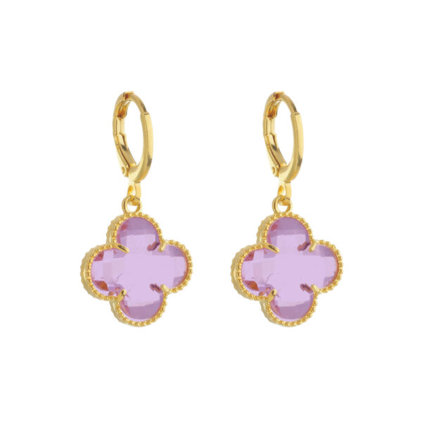 Brinco Dourado de Trevo com Zircônia Rosa
