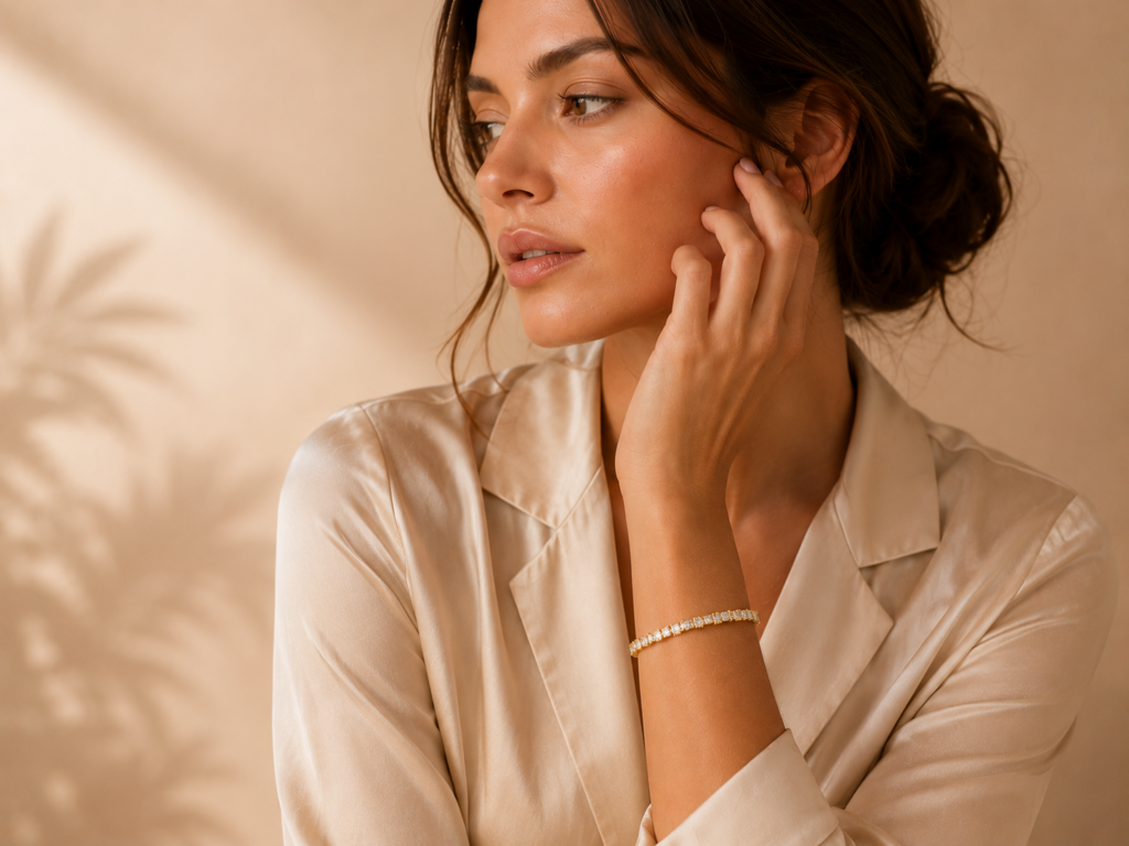 Pulseira feminina banhada a ouro 24K com pedras brilhantes em destaque na D'Bruns Joias.